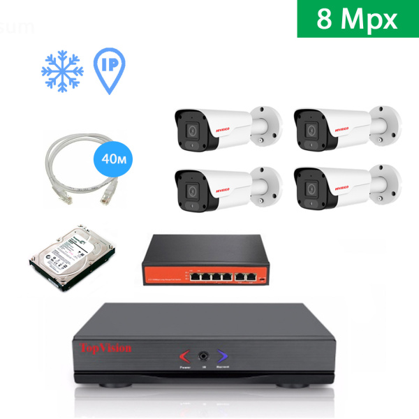 IP Комплект видеонаблюдения HIVIDEO на 4 уличные камеры 8mpx IP Комплект видеонаблюдения HIVIDEO на 4 уличные камеры 8mpx